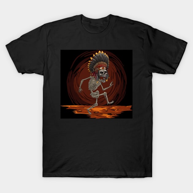 The dance of death, Cartoon hand drawn indian chief skeleton, Halloween scary illustration T-Shirt by Modern Art